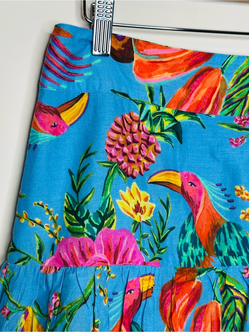 Farm Rio Blue Toucans Floral Tiered Mini Skirt Size Large Garden Tropical Summer - Picture 2 of 14